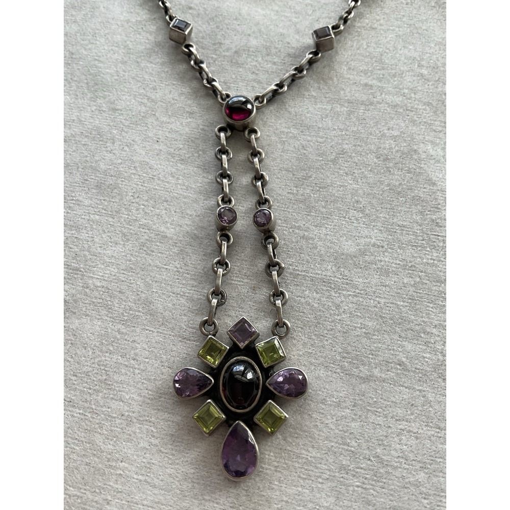 Signed Nicki Butler 925 Sterling Silver Multi Gemstone Pendant Necklace